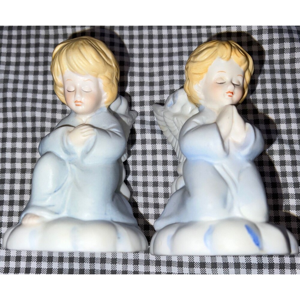 Porcelain Praying Angle Figurines Tapered Candle Holders Angels Set 4.5" New